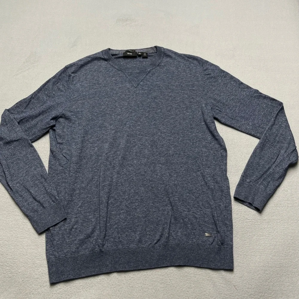 Hugo‎ Boss Slim Fit Blue Italian Yarn Crewneck Sweater Mens XXL Heathered Knit